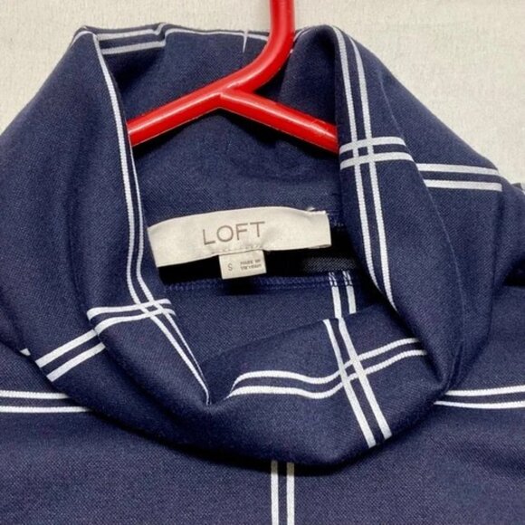 LOFT Ann Taylor Shift Dress Women's Small Navy White Grid Turtleneck Midi EUC - Picture 7 of 11